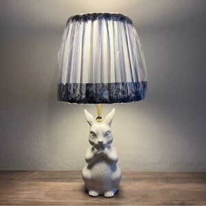Karma Home White Ceramic Bunny Rabbit Table Lamp Blue Floral Shade Easter Decor